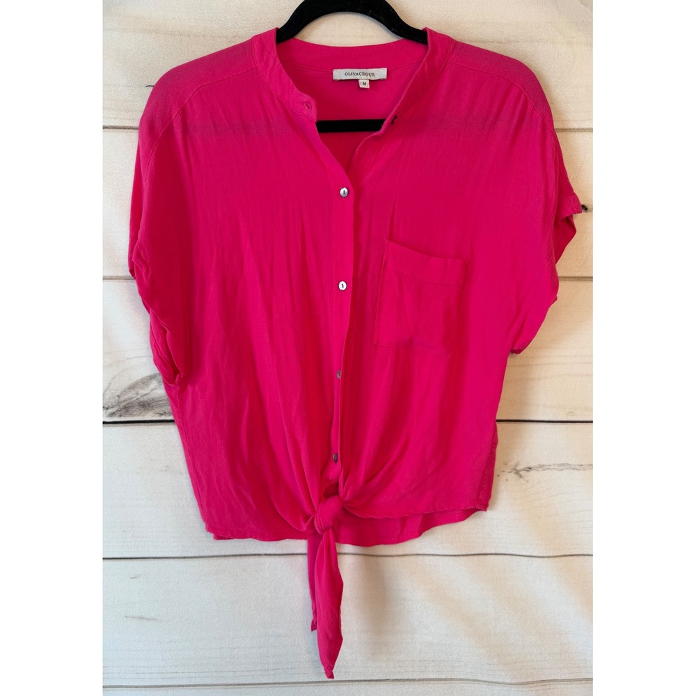 Olivaceous Hot Pink Rayon Tie Front Button Up Top Short Sleeve S#48-70LTH M